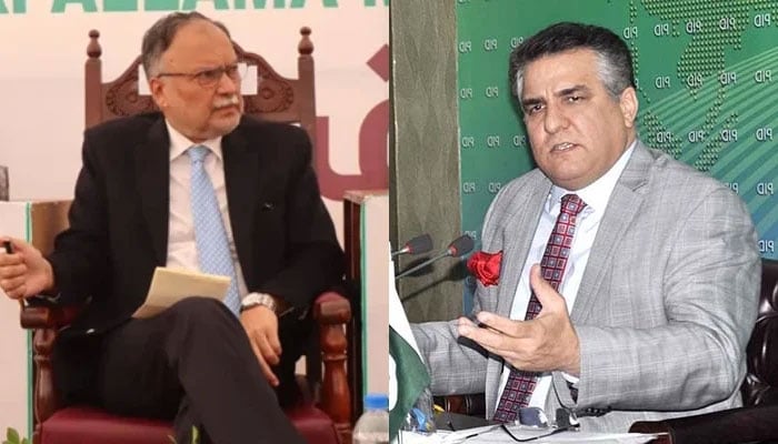 PMLN leaders Ahsan Iqbal (left) and Daniyal Aziz. — Facebook/APP