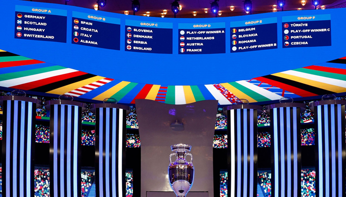 A general view shows the trophy in front of the drawn groups after the final draw for the UEFA Euro 2024 European Championship football competition in Hamburg, northern Germany on December 2, 2023. — AFP
