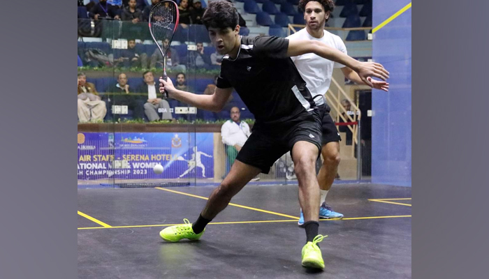 Pakistans Noor Zaman takes a shot during the Chief of the Air Staff-Serena Hotels International Squash Championship at Mushaf Squash Complex on December 3, 2023. — X/@Noorzaman2004