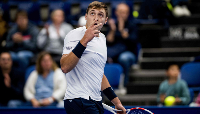 Serbias Hamad Medjedovic reacts during a qualifier match against Belgiums Alexander Blockx at the European Open Tennis ATP tournament in Antwerp on October 15, 2023. — AFP