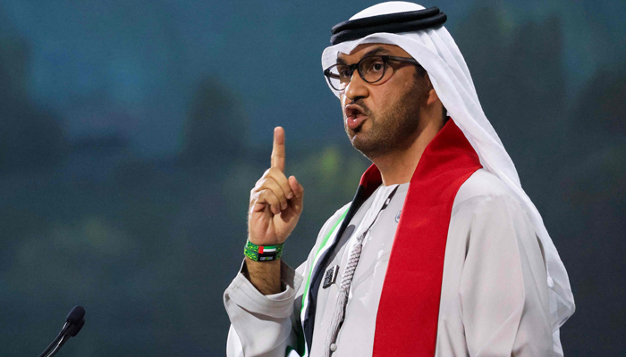 COP28 president Sultan Ahmed Al Jaber speaks during a meeting at the United Nations climate summit in Dubai on December 2, 2023. — AFP