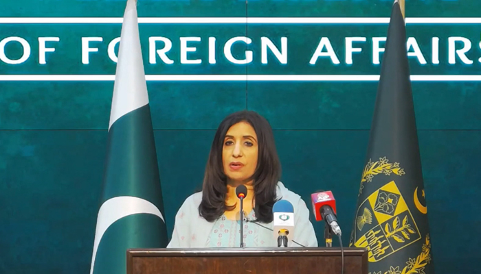 This still taken from a video released on December 1, 2023, shows FO Spokesperson Mumtaz Zahra Baloch during her weekly press briefing. — Facebook/Ministry of Foreign Affairs, Islamabad