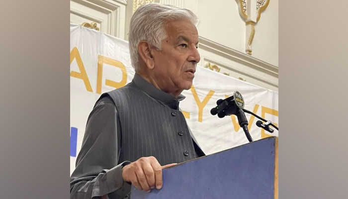Pakistan Muslim League-Nawaz (PMLN) senior leader Khawaja Asif can be seen speaking during an event on September 28, 2023. — Facebook/Khawaja Asif