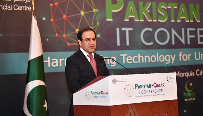 Caretaker Minister for IT and Telecommunications Dr Umar Saif speaks during the Pak-Qatar IT conference in Doha on December 3, 2023. — Facebook/Umar Saif