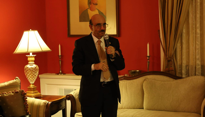 Pakistani ambassador to the US Masood Khan speaks during a gathering in the US on December 2, 2023. — Facebook/Pakistan Embassy US