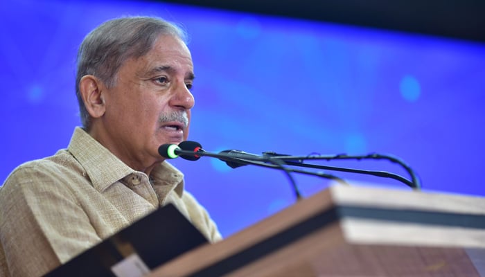 Former prime minister and PMLN President Shehbaz Sharif speaks during a ceremony on August 3, 2023. — Facebook/Mian Shehbaz Sharif