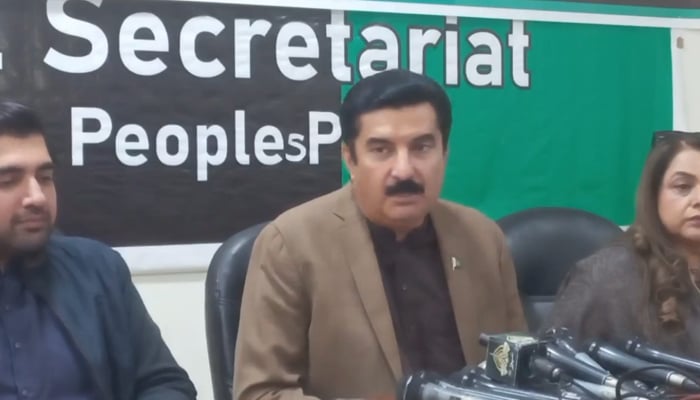 Information Secretary PPP Faisal Karim Kundi speaks during a presser in this still on December 2, 2023. — Facebook/Pakistan Peoples Party - PPP