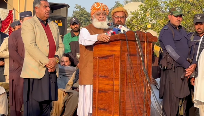 Jamiat Ulema-e-Islam-F chief Maulana Fazlur Rehman speaks during a ceremony in Jhok Wain in Multan in this still on December 3, 2023. — Facebook/Maulana Fazlur Rehman