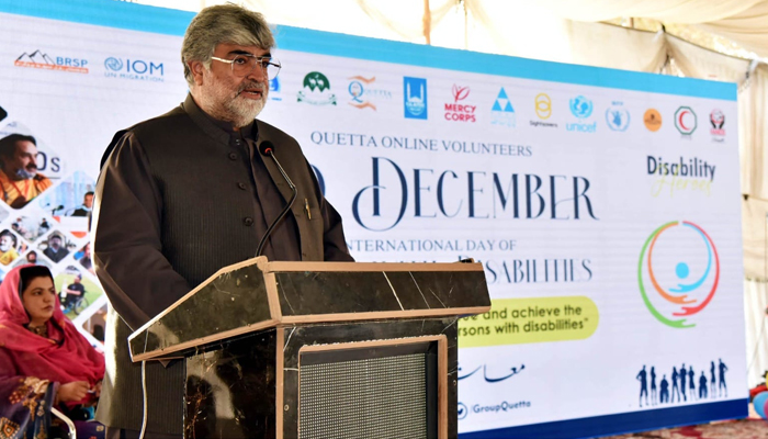 Caretaker Baloch­istan Chief Minister Mir Ali Mardan Khan Domki speaks during an event on December 3, 2023. — Facebook/Directorate of Public Relations Balochistan