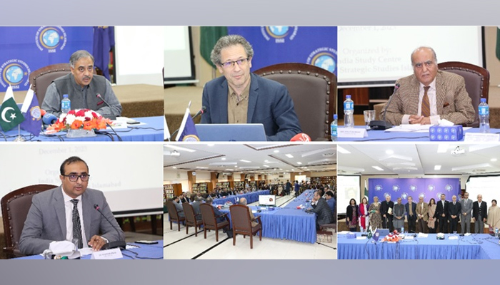 A combo of images shows speakers at a roundtable discussion on “The plight of Indian minorities under Modi’s India” organised by the ISS in Islamabad on December 1, 2023. — Facebook/Institute of Strategic Studies Islamabad