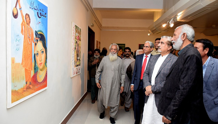 Caretaker Federal Minister Jamal Shah visits the exhibition, Celebrating 100 years of Cinematic Artists: A Cinematic Posters Exhibition, on December 4, 2023. — Facebook/PNCA - Pakistan National Council of the Arts
