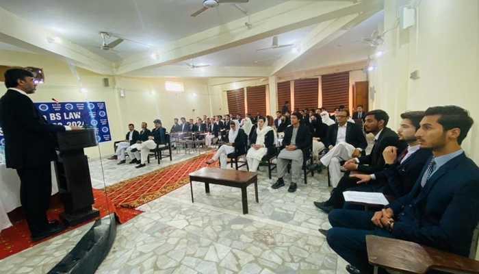 A speaker addresses the audience during a function in the Frontier Law College organized to welcome the new BS session on December 4, 2023. — Facebook/Frontier Flc
