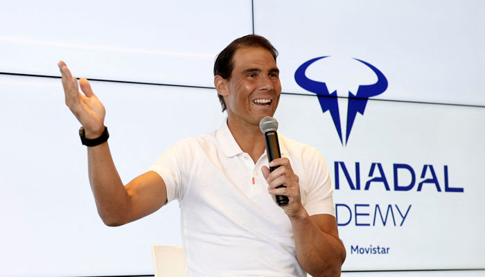 Spanish tennis player Rafael Nadal gestures as he talks during a press conference on May 18, 2023.— AFP