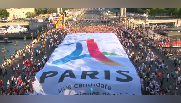 A banner with the logo of the Paris bid for the 2024 Summer Olympic Games can be seen this still on June 24, 2023.—AFP