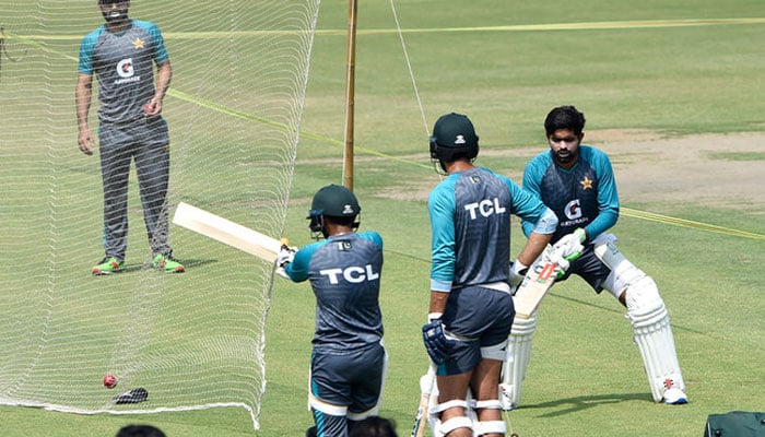 Pakistans players attend a practice session at the Gaddafi Cricket Stadium in Lahore on March 20, 2022. —AFP