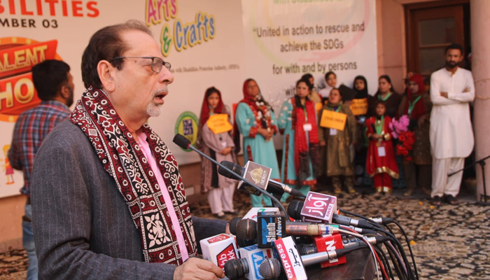 Caretaker Minister for Information, Minority Affairs, and Social Welfare Muhammad Ahmed Shah speaks during the inauguration of ‘Aiwan-e-Josh’ pavilion in Gulistan-e-Jauhar on December 5, 2023. — Facebook/Sindh Information Department