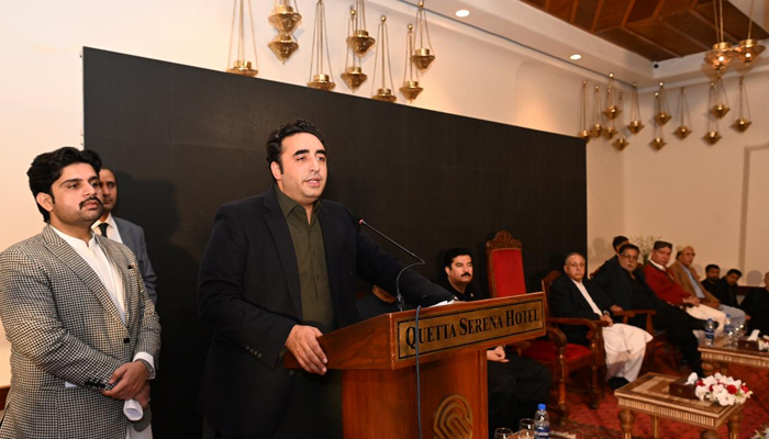 Pakistan Peoples Party Chairman Bilawal Bhutto Zardari speaks during a ceremony in Quetta on December 1, 2023. — Facebook/Pakistan Peoples Party - PPP