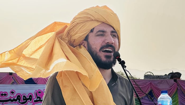 Manzoor Pashteen, leader of the Pashtoon Tahaffiz Movement (PTM), speaks during a public gathering on August 7, 2023. — Facebook/Manzoor Ahmad Pashteen
