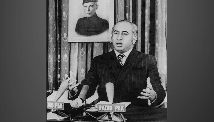 Zulfikar Ali Bhutto, the founder of Pakistan Peoples Party and former primer minister speaks with the media. — AFP/File