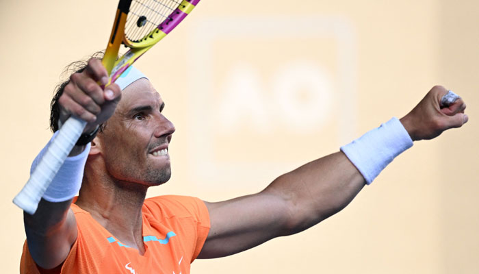 Spanish tennis player, Rafael Nadal celebrates after winning against Britain´s Jack Draper during their mens singles match on day one of the Australian Open tennis tournament in Melbourne on January 16, 2023. — AFP