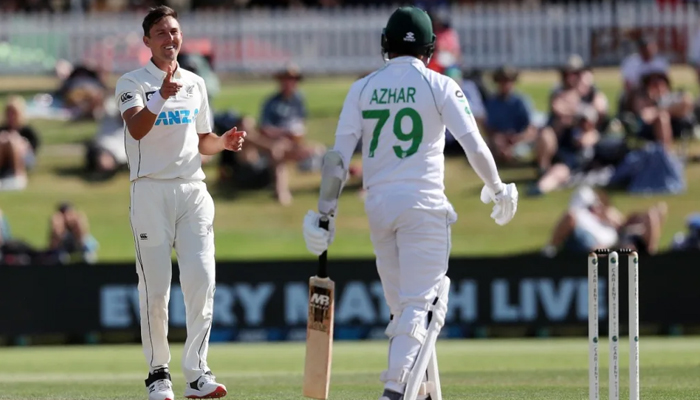 This image shows a New Zealand bowler gesturing at the Pakistani batter Azhar during a test match. — AFP/File