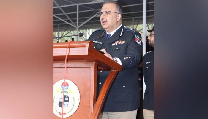 KP IGP Akhtar Hayat Gandapur speaks as chief guest at the passing-out parade at the Police Training College, Hangu on November 7, 2023. — Facebook/Khyber Pakhtunkhwa Police