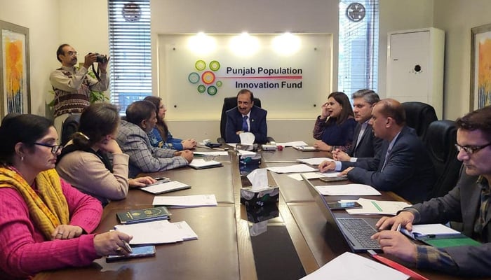 Punjab Minister for Population Welfare Dr Jamal Nasir while chairing a meeting of Punjab Population Innovation Fund in Lahore on December 6, 2023. — Facebook/Population Welfare Department Punjab