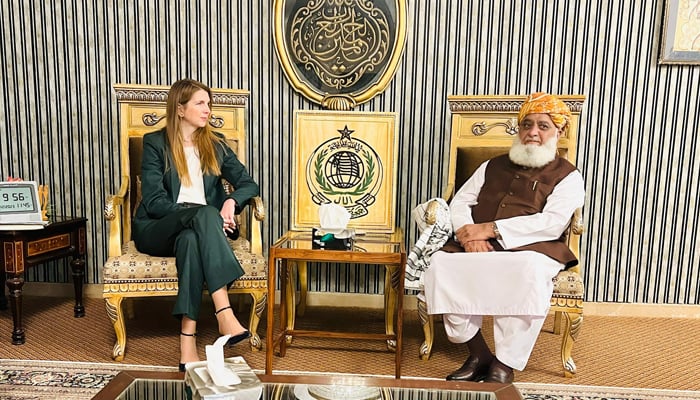 The British High Commissioner, Jane Marriott, meets JUI-F chief Maulana Fazlur Rehman in Islamabad on December 7, 2023. — Facebook/Maulana Fazl ur Rehman