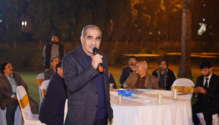 PMLN leader and former federal minister Khwaja Saad Rafique, while talking to the party members in Lahore on December 6, 2023. — Facebook/Khwaja Saad Rafique