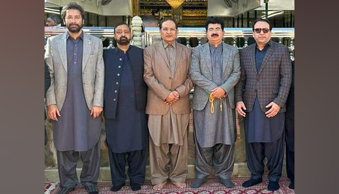 Iraqi Member of Parliament Abdul Hadi Al-Hasnawi (L) pictured alongside Chairman Senate of Pakistan, Muhammad Sadiq Sanjran (3rd-R) on December 7, 2023. — X/@OfficeSenate