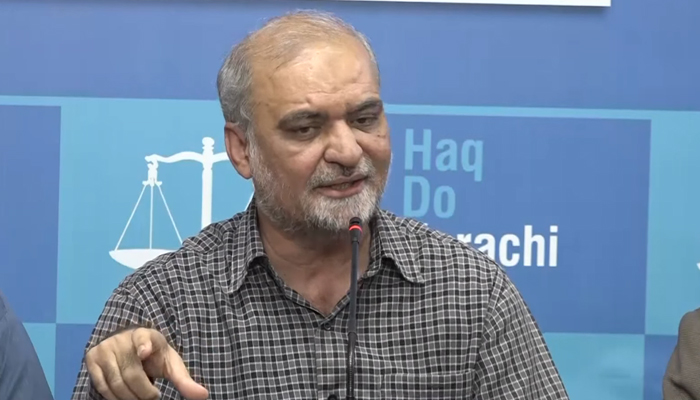 Karachi Jamaat-e-Islami chief Hafiz Naeem ur Rehman speaks during a press conference in Karachi in this still on December 8, 2023. — Facebook/Hafiz Naeem ur Rehman