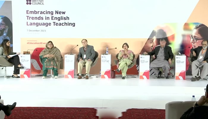 One of the panellists speaks during a session on English Language Teaching (ELT) in this still on December 7, 2023. — Facebook/British Council Pakistan