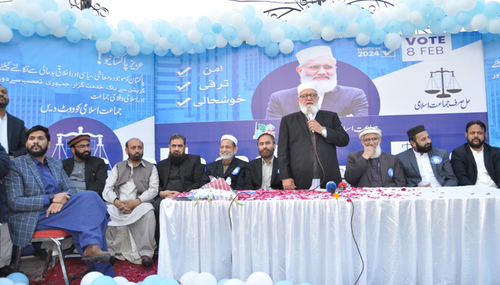 Central JI naib ameer Liaquat Baloch during the launch of the election campaign of the partys candidates for the National and Punjab Assemblies at the Commercial Market of Rawalpindi on December 8, 2023. — Facebook/Jamaat -e- Islami Pakistan