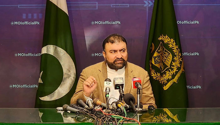 Caretaker Interior Minister Sarfraz Bugti AddressES a news conference on Dec 8, 2023. —PID