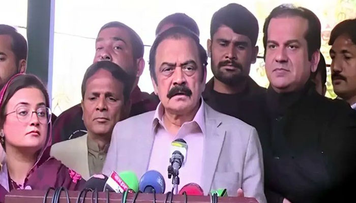 Pakistan Muslim League-Nawaz (PMLN) Punjab President Rana Sanaullah Khan talks to the media on Dec 8, 2023. —x/PresPMLNPunjab
