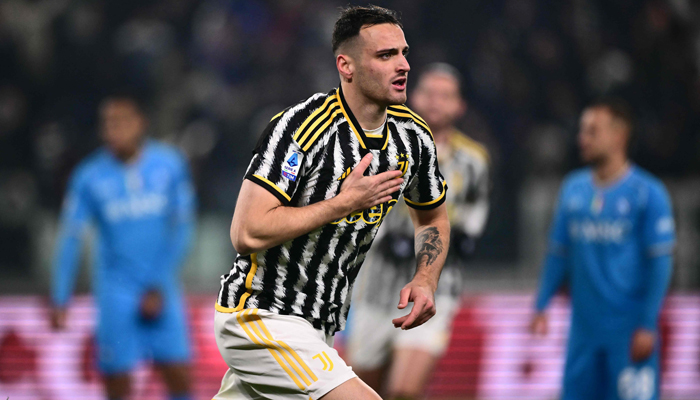 Juventus Italian defender Federico Gatti celebrates after scoring the team´s first goal during the Italian Serie A football match between Juventus and Napoli, at The Allianz Stadium, in Turin on December 8, 2023. — AFP