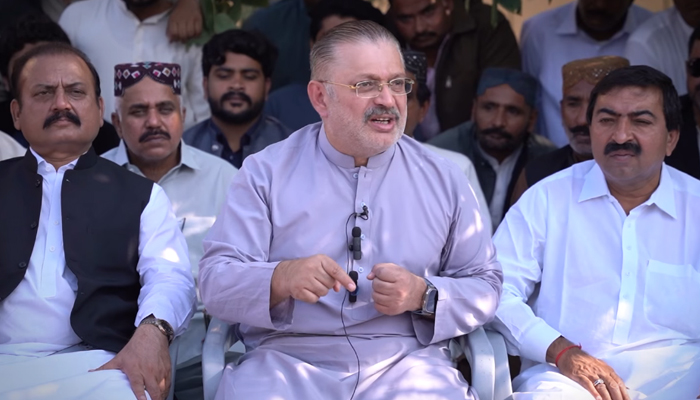 Former Sindh information minister Sharjeel Memon speaks with the media at Rawal House on December 9, 2023. — Facebook/Sharjeel Inam Memon