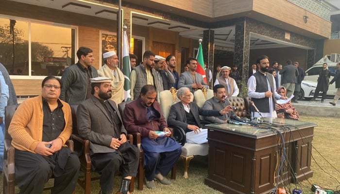Pakistan Tehreek-e-Insaf-Parliamentarians Chairman Pervez Khattak speaks during a presser on December 9, 2023. — Facebook/PTI-P