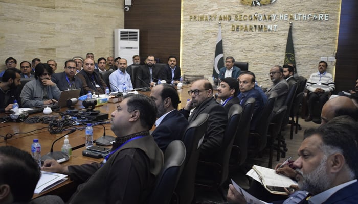 Secretary Health Ali Jan Khan reviews the monthly working of the CEOs of the Health department of the province on December 9, 2023. — Facebook/Primary & Secondary Healthcare Department