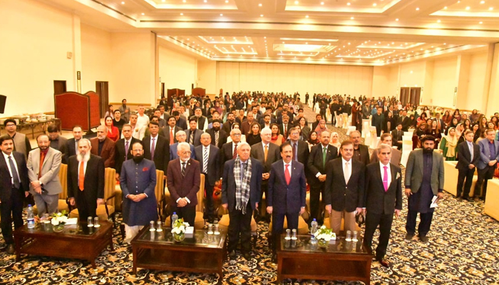 This view shows caretakers ministers of Punjab and other officials standing during the occasion of the Annual Dinner of Ameer Uddin Medical College/PGMI on December 5, 2023. — Facebook/Jodat Saleem