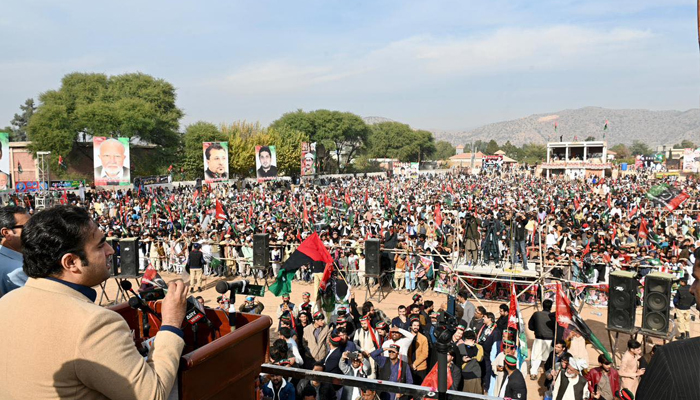 Pakistan Peoples Party (PPP) Chairman Bilawal Bhutto Zardari speaks at the partys workers convention in Kohat on December 10, 2023. — Facebook/Pakistan Peoples Party - PPP