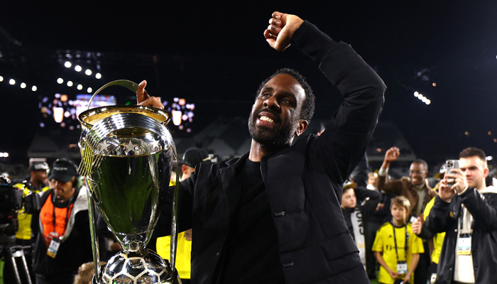 Head coach Wilfried Nancy of the Columbus Crew holds the Philip F. Anschutz Trophy after winning the 2023 MLS Cup against the Los Angeles FC at Lower.com Field on December 9, 2023, in Columbus, Ohio. — AFP