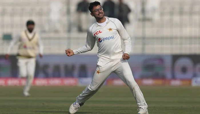 Abrar Ahmed celebrates on the field during a match. — AFP/File