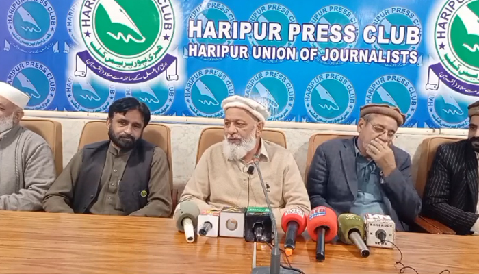 District ameer of Jamaat-i-Islami (JI) Ghazan Iqbal Khan speaks during a presser in this still on December 10, 2023. — Facebook/Jamaat-e-Islami Haripur