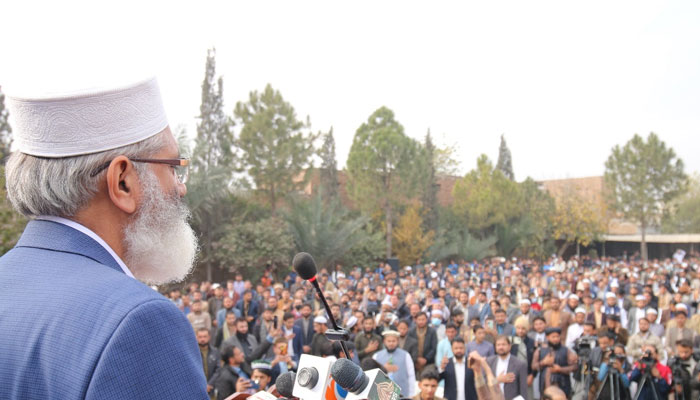 Jamaat-e-Islami Chief Siraj ul Haq addresses the party’s social media convention on December 10, 2023. — Facebook/Siraj ul Haq