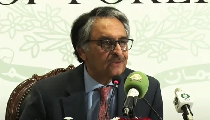 Caretaker Foreign Minister Jalil Abbas Jillani speaking during a press conference on December 11, 2023, in this still taken from a video. — YouTube/GeoNewsLive