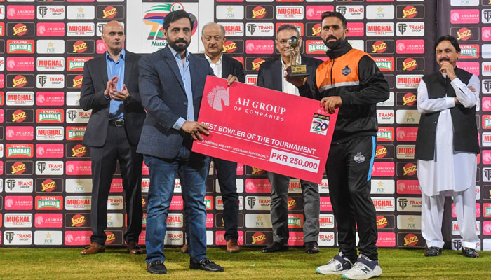 The image shows a glimpse from the prize-distribution ceremony at the end of the National T20 Cup final at the National Bank Stadium on Dec 11, 2023. —x/TheRealPCB