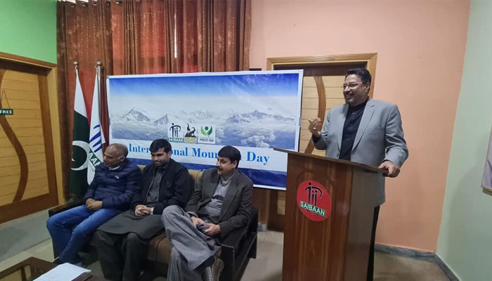 Sahibzada Jawad Alfaizi, the head of Explore Pakistan addresses the event held in connection with the International Mountains Day on Dec 11, 2023. — Facebook/jawad.sahibzada