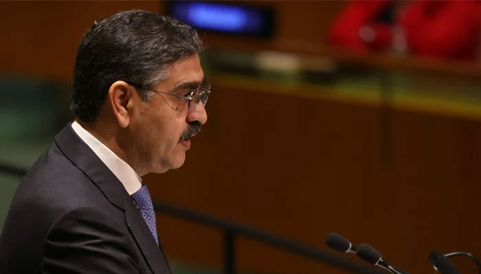Pakistan Prime Minister Anwar-ul-Haq Kakar addresses world leaders during the United Nations (UN) General Assembly on September 22, 2023, in New York City. — AFP
