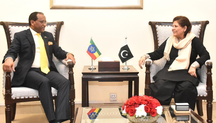 Ethiopian Ambassador to Pakistan Jemal Beker Abdula (L) while meeting with the Federal Minister for Finance, Revenue, and Economic Affairs Dr Shamshad Akhtar on December 12, 2023. — Facebook/Ethiopia Embassy Islamabad